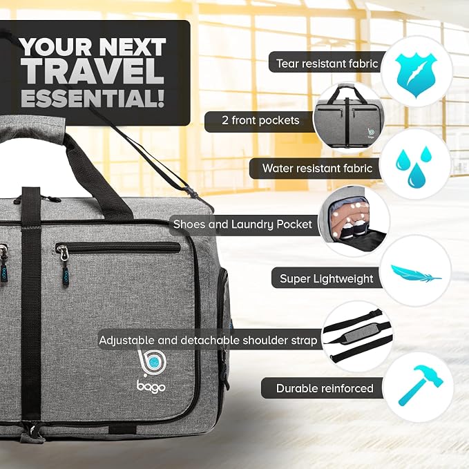 Bago Foldable Duffel Bags for Traveling Women & Men - 60L Medium Packable - Image 3