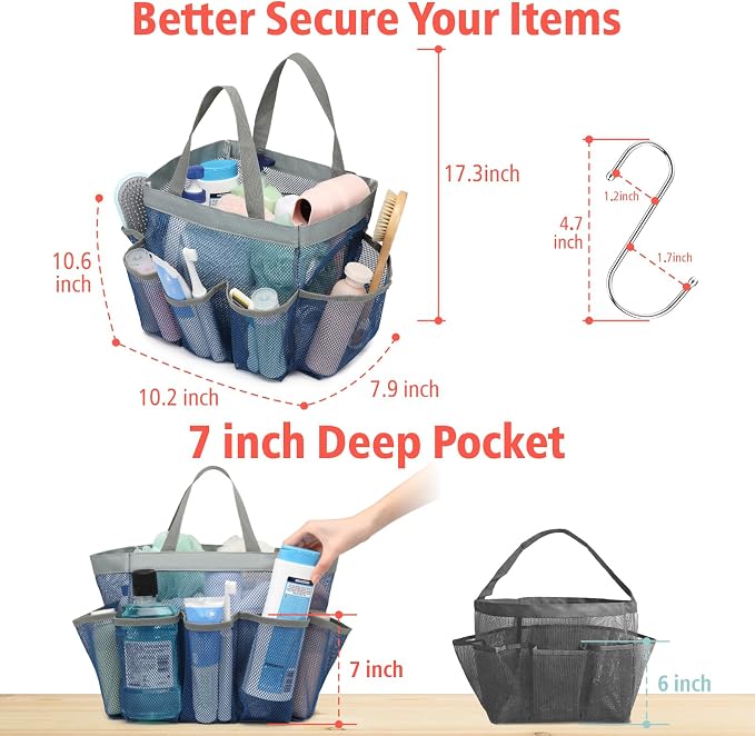 F-color Mesh Shower Caddy Portable, Upgrade Deeper 7 Pockets Shower Bag Basket - Image 5