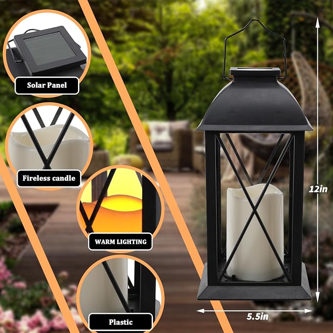 2 Pack Outdoor Solar Lantern 12" Battery Hanging Lanterns Waterproof Vintage - Image 3