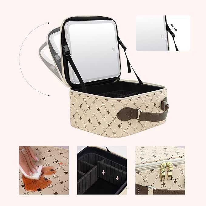 Travel Makeup Bag With 360° rotating LED Mirror, Waterproof cosmetic organizer - Image 5