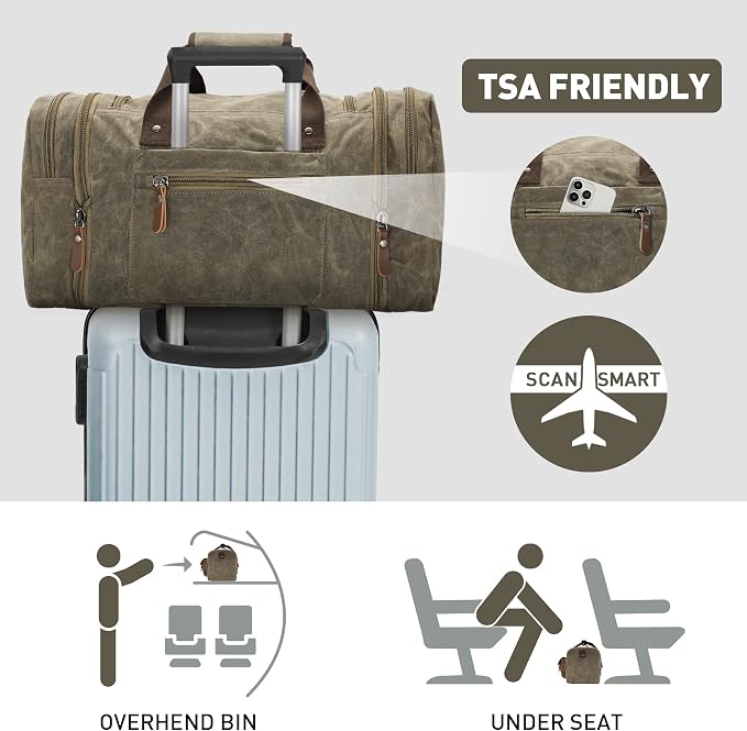 Wildroad Waxed Canvas Duffle Bag - 60L Waterproof Genuine Leather Weekender - Image 6