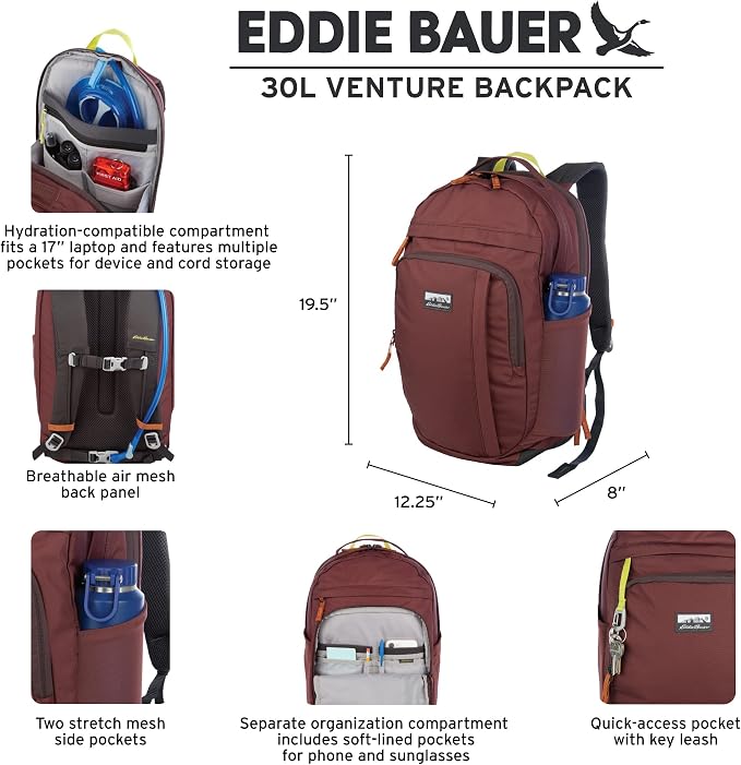 Eddie Bauer 30L Venture Backpack, Hydration and Laptop Compatible Daypack - Image 2