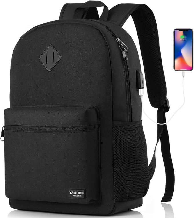 Black Backpack for Women Men, Casual School Backpack Teen Boys and Girls 15.6 by YAMTIONBAGS