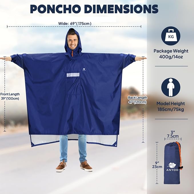 ANYOO Hooded Rain Poncho for Adults Waterproof Lightweight Rain Coat for Men - Image 2