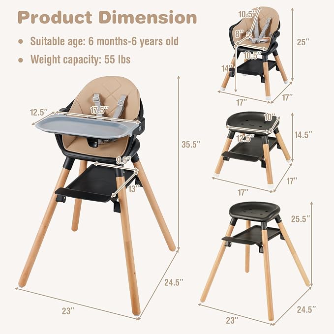 BABY JOY Baby High Chair, 6 in 1 Convertible Wooden High Chair - Image 7