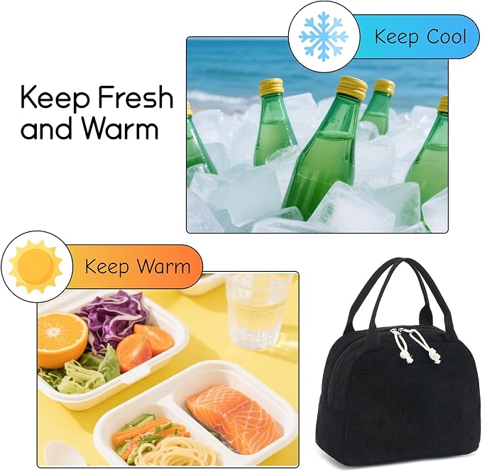 Bluboon Lunch Bag for Women Men Cute Corduroy Lunch Tote Bags Reusable - Image 3