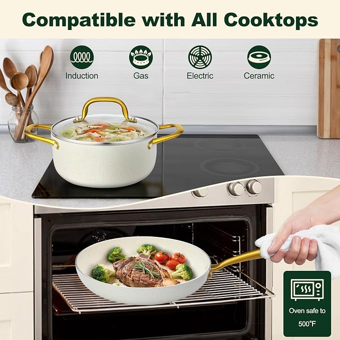 Pots and Pans Set Non Stick, 7 Piece White Granite Induction Cookware Set - Image 5