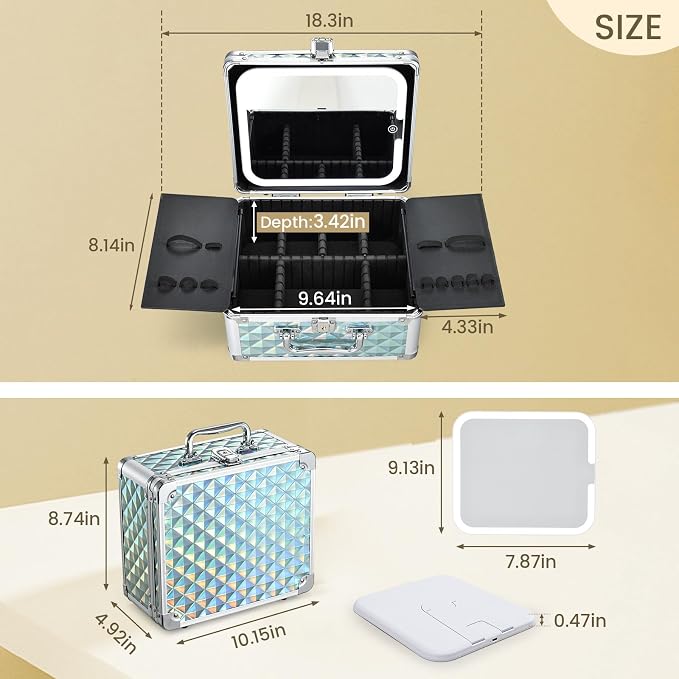 Makeup Case with Magnetic LED Mirror Travel Cosmetic Organizer Portable Makeup - Image 6
