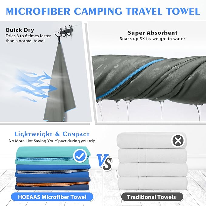 HOEAAS 2 Pack Microfiber Camping Towels, Quick Dry Towel, Super Absorbent Ultra - Image 4