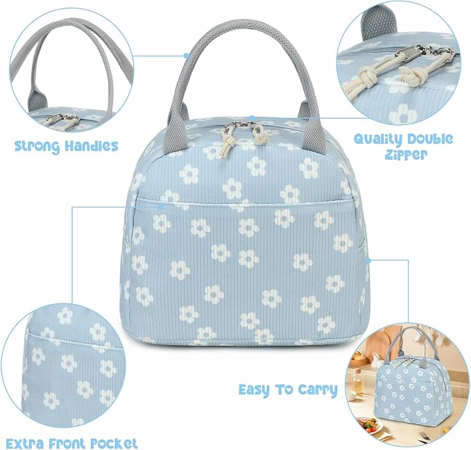 Bluboon Lunch Bag for Women Men Cute Corduroy Lunch Tote Bags Reusable - Image 3