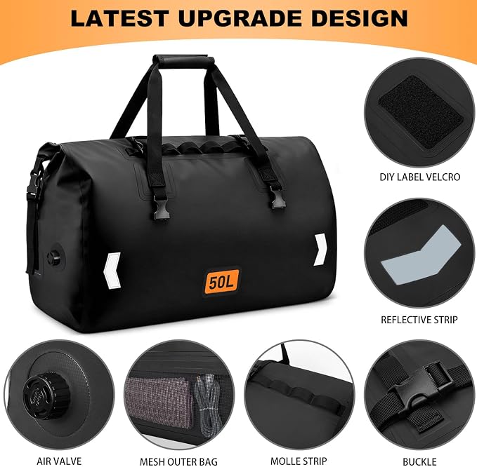 Waterproof Duffel Bag, 50L Roll-top Motorcycle Dry Bag - Image 3