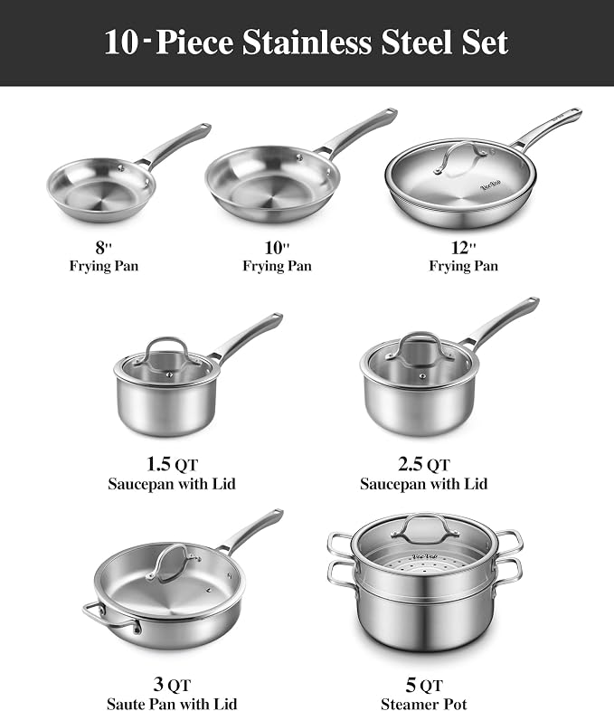 Stainless Steel Cookware Set, Tir-Ply Pots and Pans Set, PFOA Free, Frying Pans - Image 6