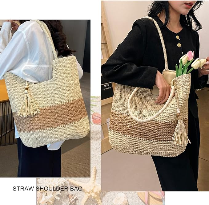 Straw Beach Bags for Women Woven Beach Tote Bag Casual Boho Large Shoulder - Image 7