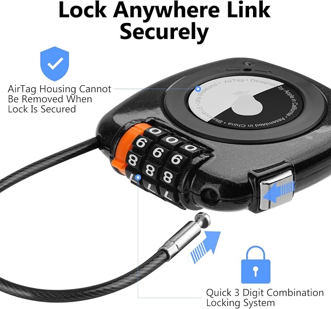 Compatible with Apple AirTag Secure Lock with Wire Cable, 3-Digit Combination - Image 2
