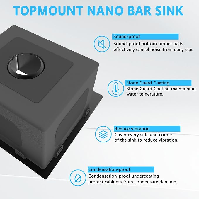 15 x 15 inch Drop in Bar Sink Black, Gunmetal Black Bar Sink 18 Gague Topmount - Image 5