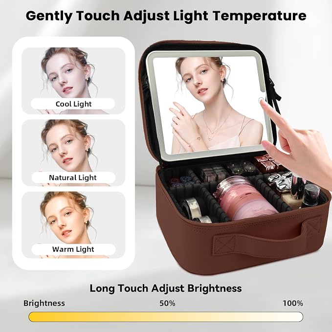 Travel Makeup Bag with LED Mirror and Light Travel Makeup Case Cosmetic - Image 2