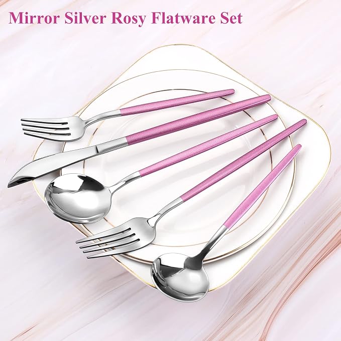Mirror Silver Rosy Silverware Set, 20-Piece Stainless Steel Flatware Set - Image 3