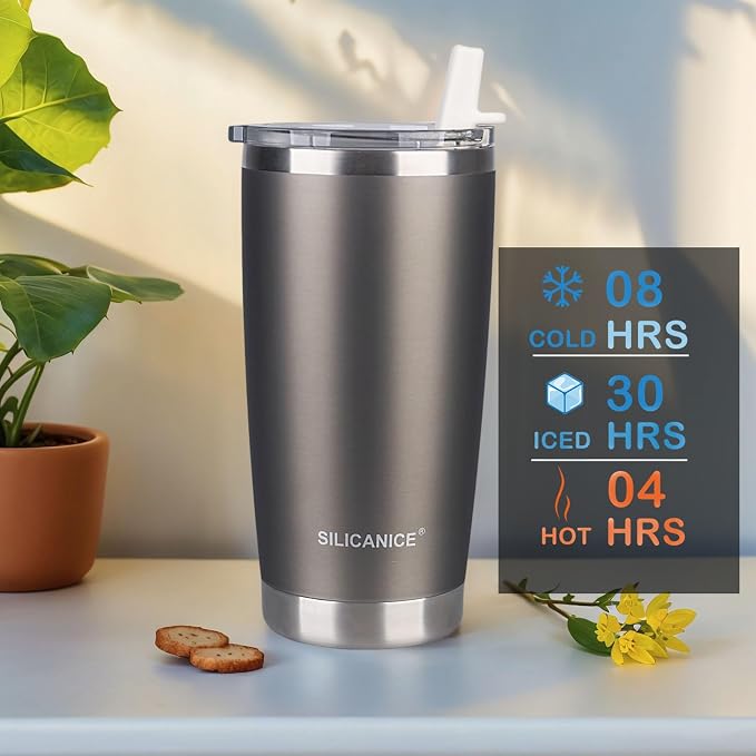 Metallic Gray 20 oz Travel Iced Coffee Mugs Cups Stainless Steel Vacuum - Image 4