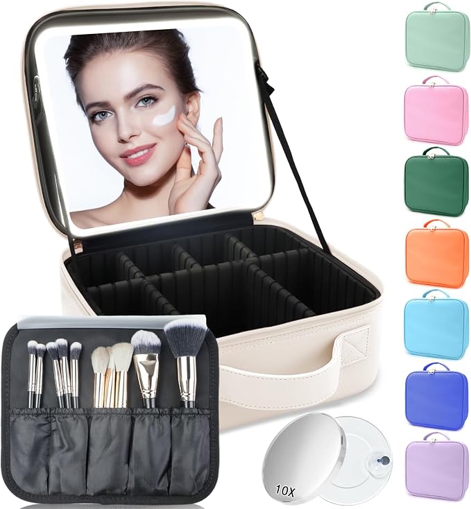 Makeup Bag with Led Mirror, Travel Makeup Organizer with 3 Color Setting & 10X by SUILU