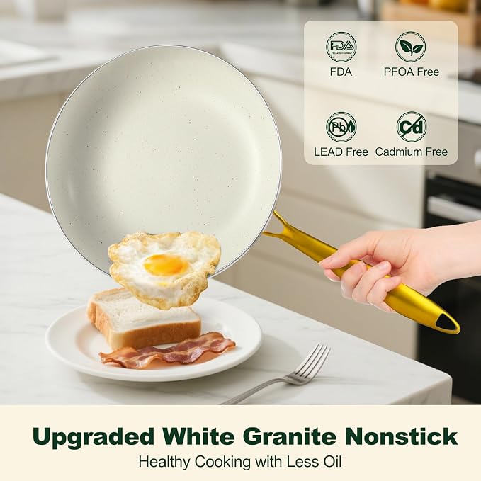 Pots and Pans Set Non Stick, 7 Piece White Granite Induction Cookware Set - Image 3