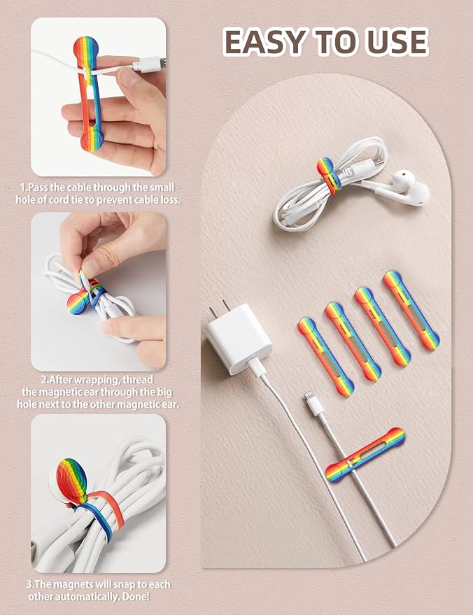 Kanemc 8 Pack Magnet Clips Cord Organizer, Rainbow Colored Reusable Cable Ties - Image 5