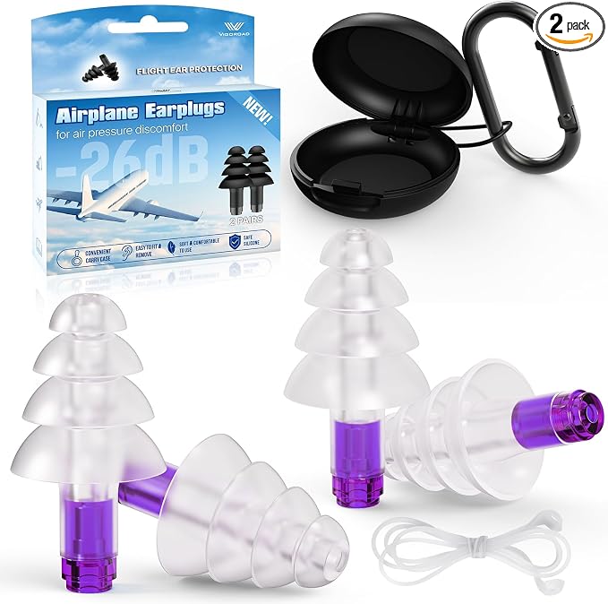 Ear Plugs for Airplane Pressure Relief, 2 Pairs Adults Soft Silicone Reusable by VIGOROAD
