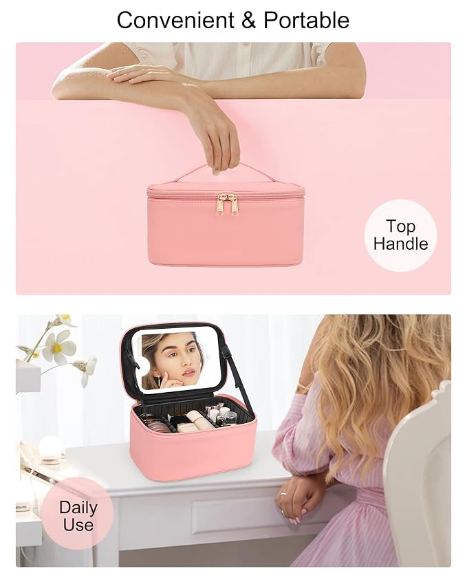 Makeup Bag With LED Mirror, Travel Makeup Bag With 3 Color Setting Light Up - Image 6