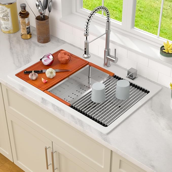 Dcolora White Granite Composite Kitchen Sink Drop In, 33x22 Large Single Bowl - Image 2