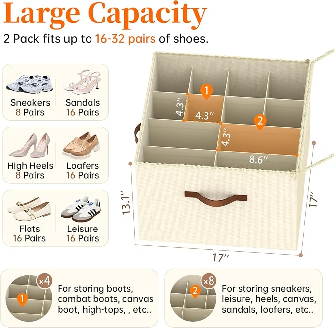 Shoe Organizer for Closet, Foldable Shoe Storage Containers, Fits up to 16 Pairs - Image 2