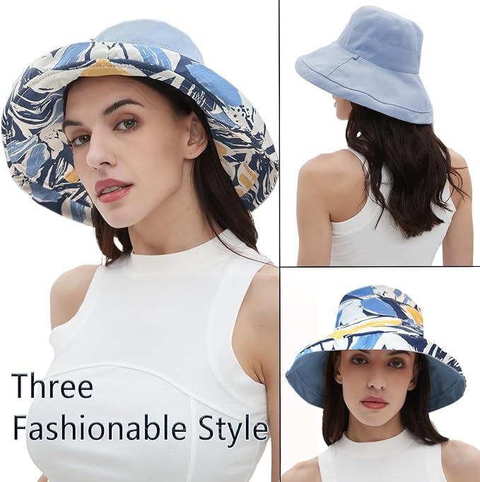 vidsel Womens Sun Hats Wide Brim Reversible Bucket Cotton Hat Packable Summer - Image 6