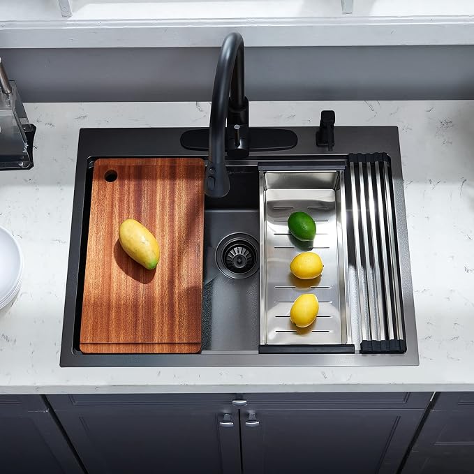 25 Kitchen Sink Drop-In Workstation, 25 x 22 Inch Gunmetal Black Stainless - Image 4