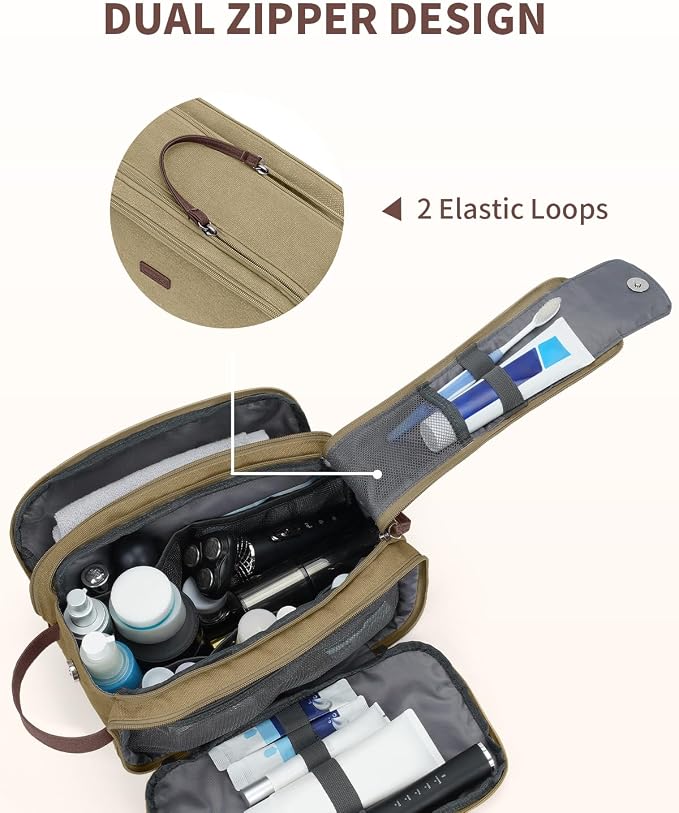 WANDF Toiletry Bag for Men Travel Toiletry Organizer Canvas and Leather Dopp - Image 4
