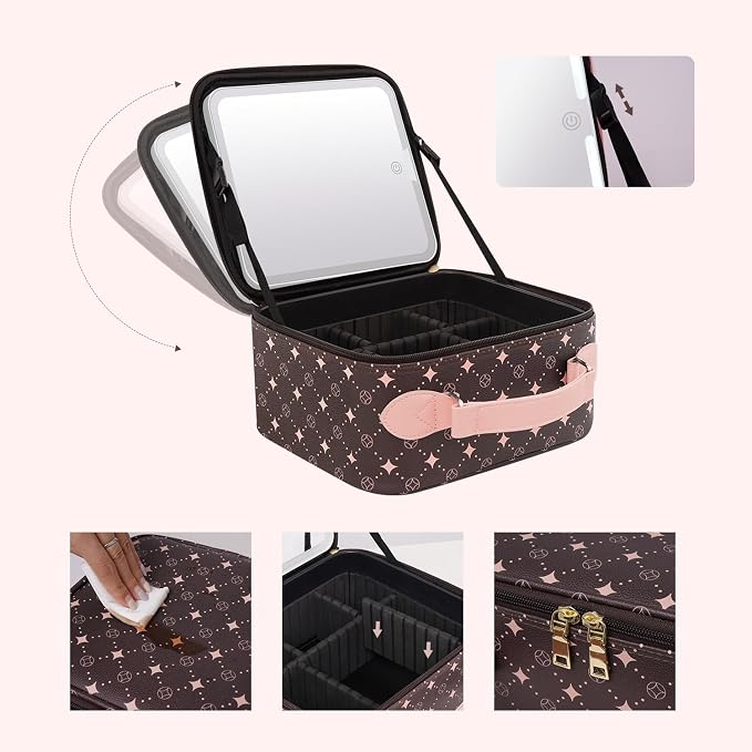 Travel Makeup Bag With 360° rotating LED Mirror, Waterproof cosmetic organizer - Image 5