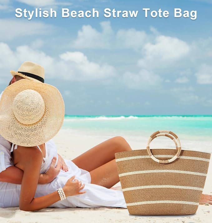 Beach Bags for Women Straw Tote Bag Summer Beach Bag Large Woven Straw Tote for - Image 3