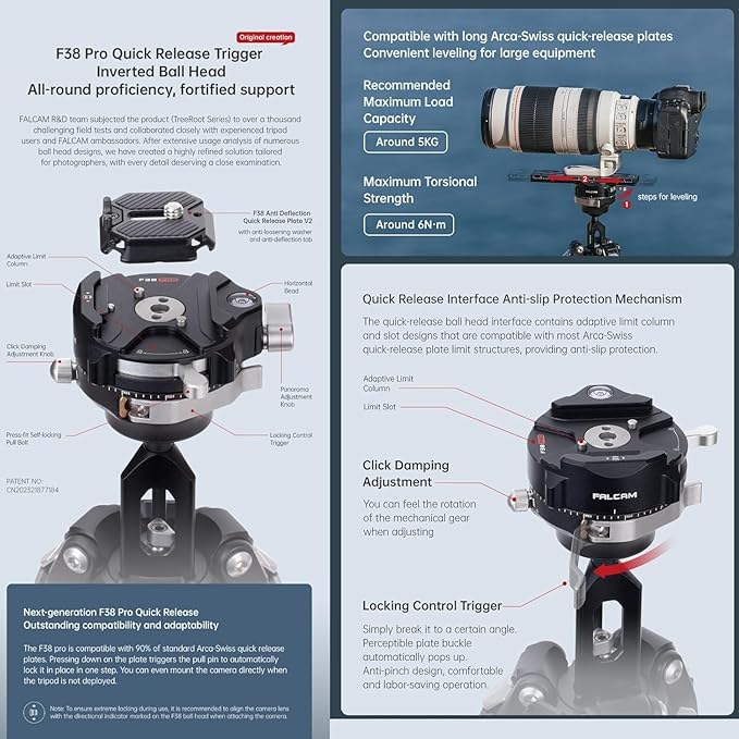 Falcam TreeRoot F38 Pro Carbon Fiber Tripod, 5kg Load, F22 Interfaces, 1/4" - Image 5