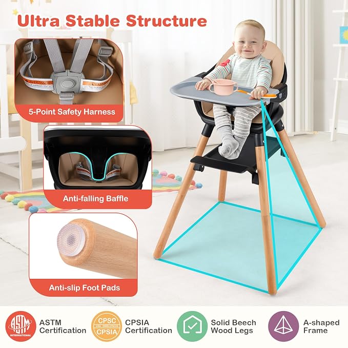 HONEY JOY Baby High Chair, 6 in 1 Convertible Wooden Highchair - Image 6
