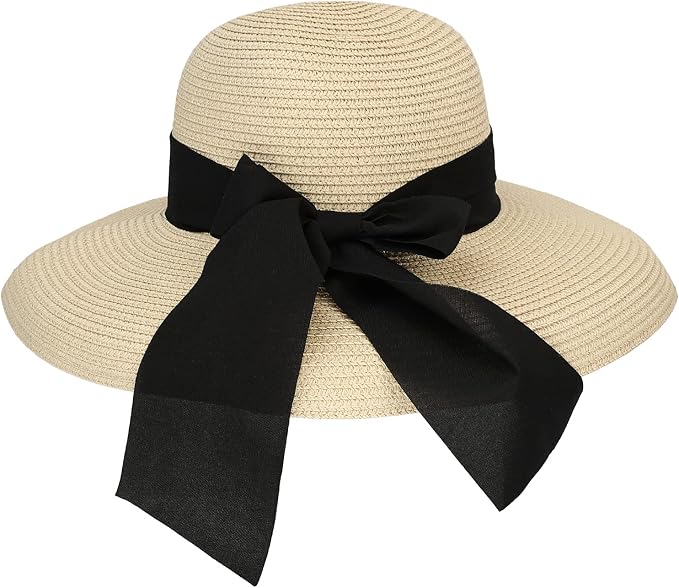 Surblue Straw Summer Hat Women's Floppy Sun Hat Wide Brim Beach Bow Hat by SURBLUE
