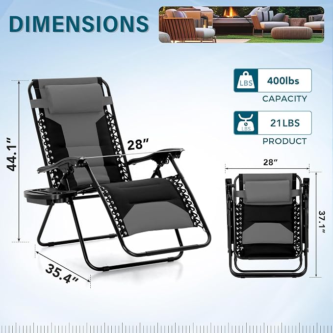 MFSTUDIO Padded Zero Gravity Chair Set of 2, Folding Patio Lounge Recliner - Image 3