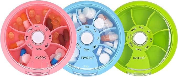 INVODA Weekly Pill Organizer 7 Compartment Rotating Pill Box by INVODA