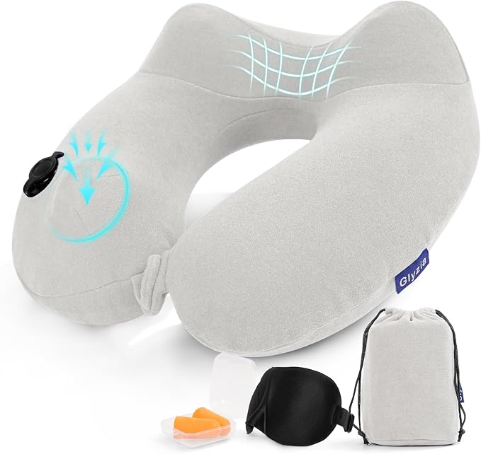 Inflatable Travel Neck Pillow for Airplane, Head Support Velvet Adult Neck by Glyzia