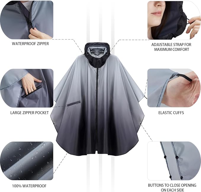 Rain Poncho Jacket Coat Hooded Zipper Style - Image 4