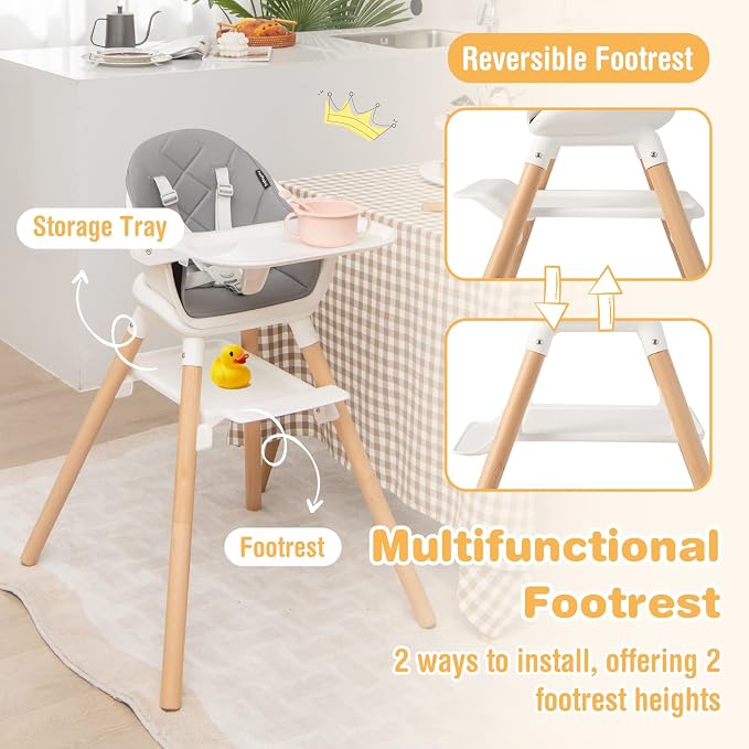 BABY JOY Baby High Chair, 6 in 1 Convertible Wooden High Chair - Image 4