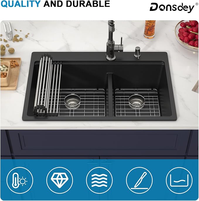 33 Inch Drop in Granite Composite Black Kitchen Sink-Donsdey Double Bowl - Image 8