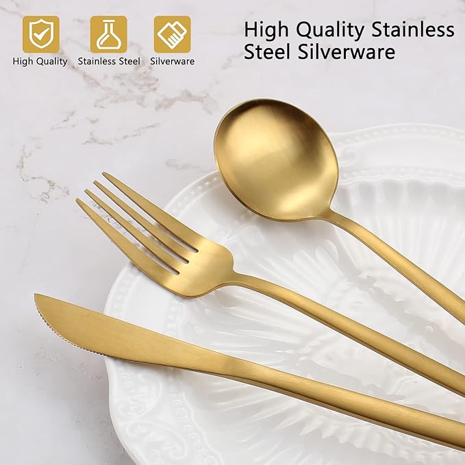 Matte Gold Silverware Set, VANVRO 40-Piece Stainless Steel Flatware Set - Image 4