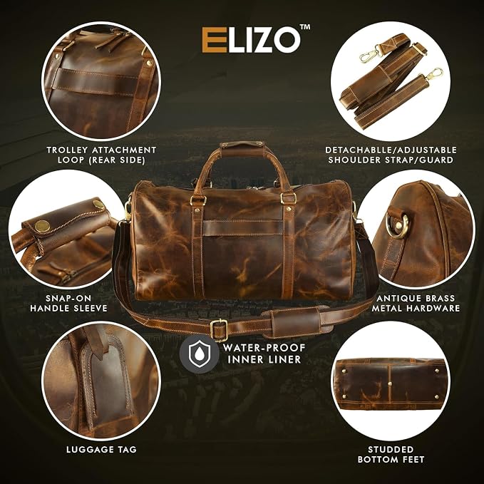 ELIZO Leather Duffle Bag For Men Women REAL FULL GRAIN Travel Overnight - Image 3