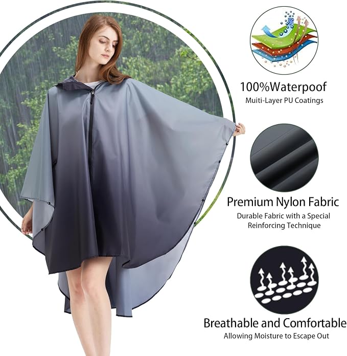 Rain Poncho Jacket Coat Hooded Zipper Style - Image 3