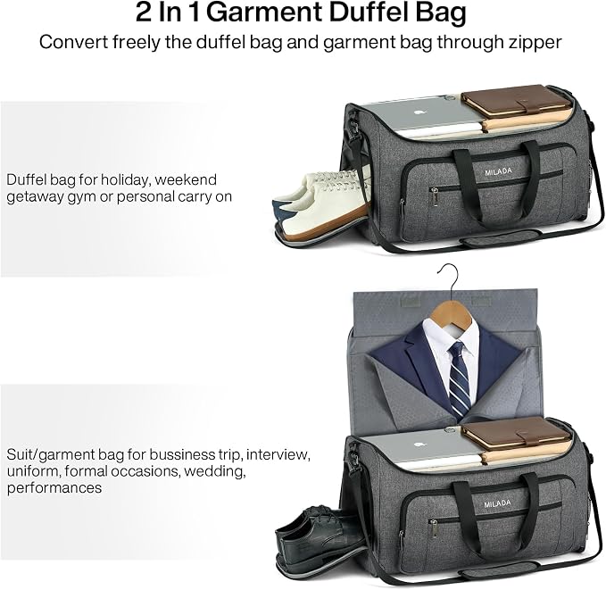 MILADA Convertible 2-in-1 Garment Duffel Weekender Bag Carry On Garment Bags - Image 8