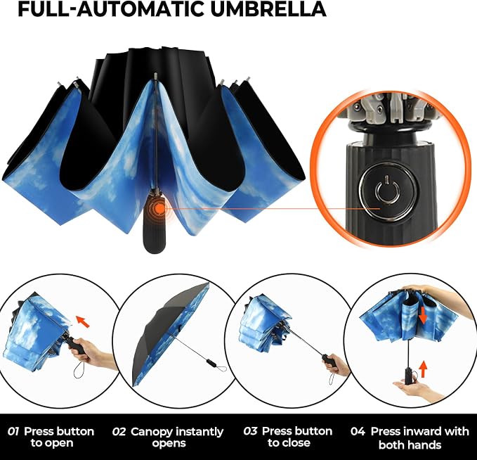 Compact Inverted Travel Umbrella, Automatic Open Close, 9-Rib 46 Inch Windproof - Image 5