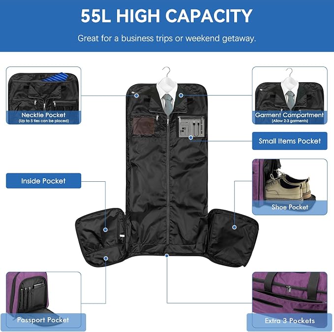 Large Garment Bag for Travel, Bukere Convertible Suit Travel Garment Duffel Bag - Image 3