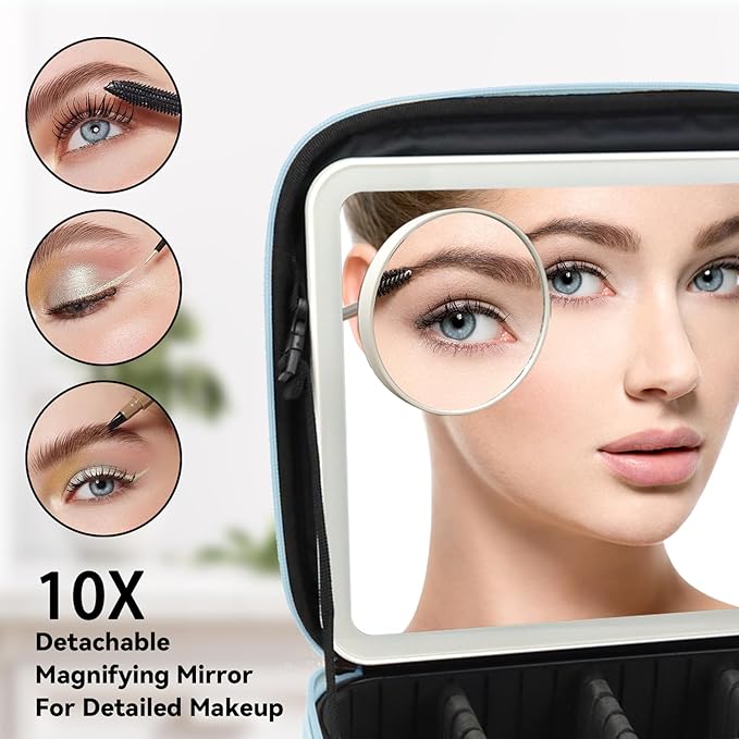 Travel Makeup Bag with LED Mirror and 10x magnifying glass with 3 Lighted - Image 2